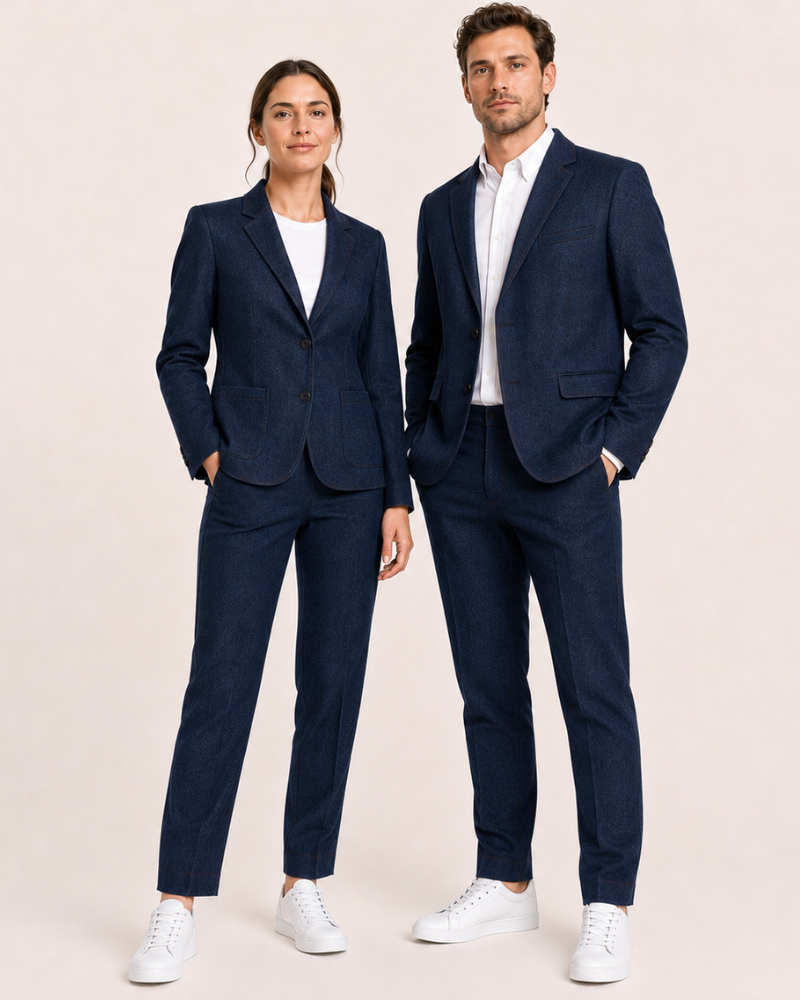 Pareja de asesores de IQOS posando con trajes sastre azules y zapatillas blancas de vestuario laboral.