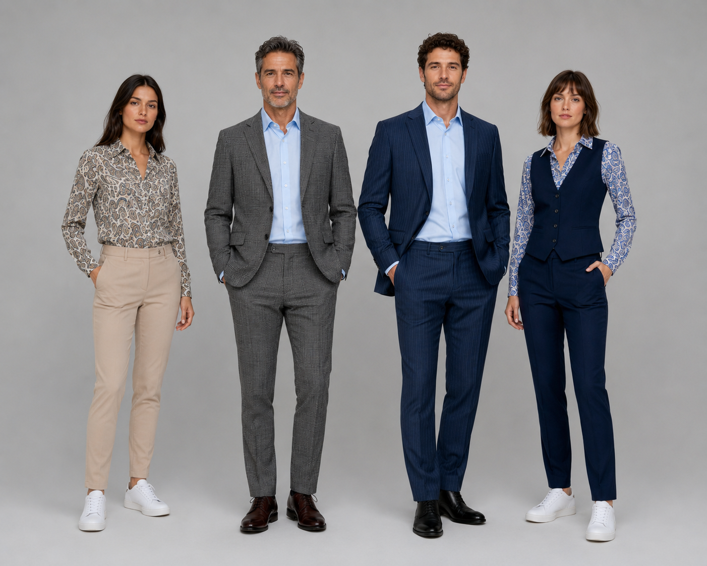 Cuatro trabajadores de Only You Hotels con diferentes uniformes corporativos, posando juntos sobre fondo neutro