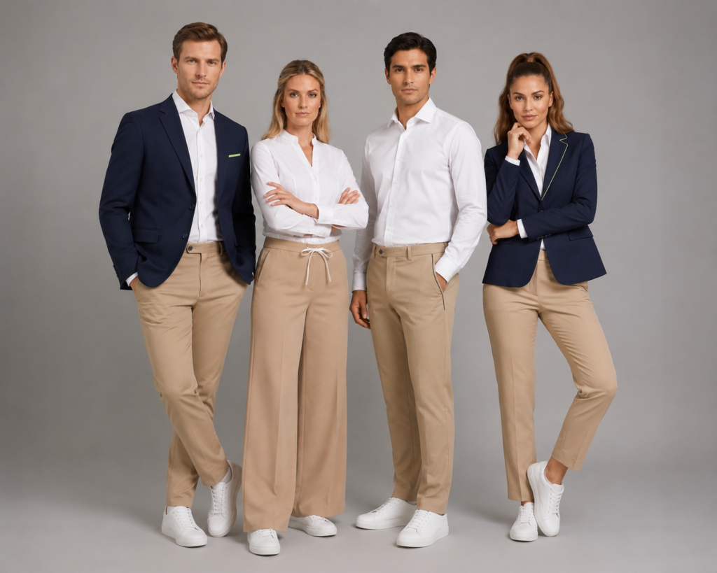Equipo de cuatro trabajadores de Viding con uniformes corporativos en azul marino, blanco y beige.