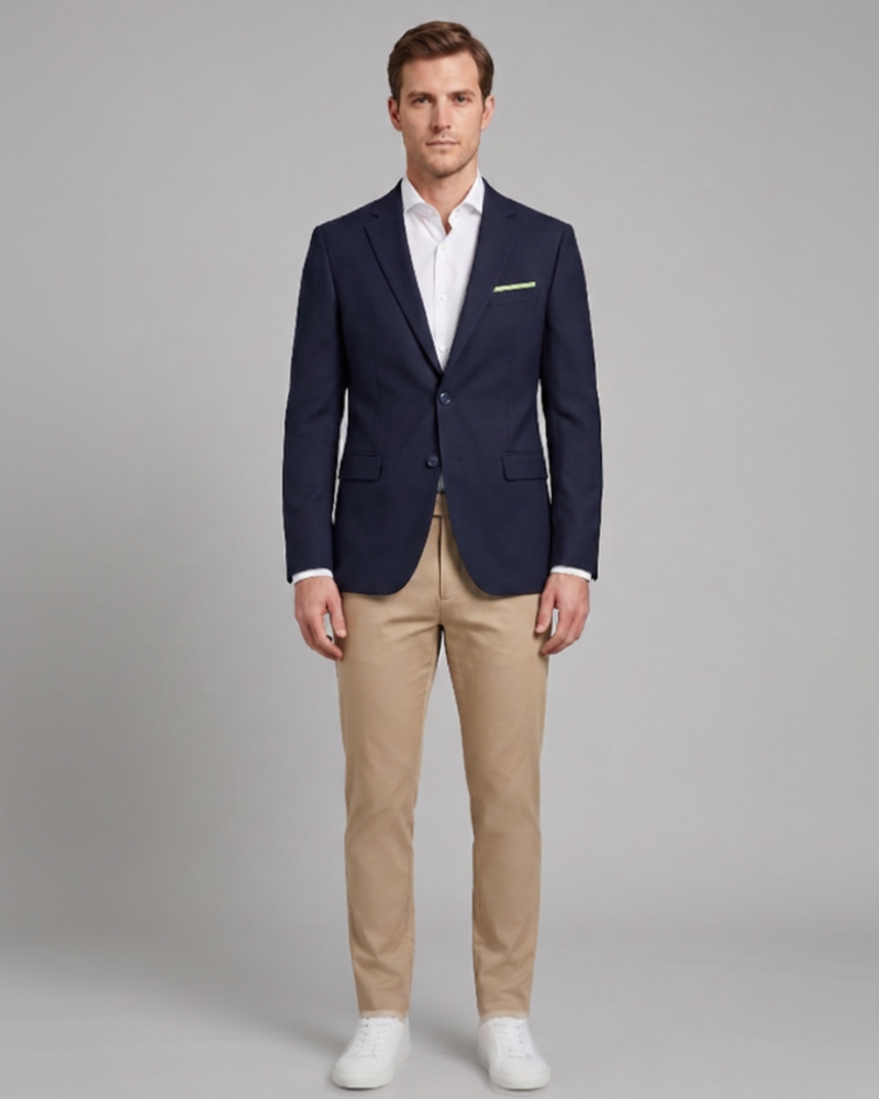 Trabajador de Viding con uniforme de americana azul marino, camisa blanca, pantalón beige y zapatillas blancas.
