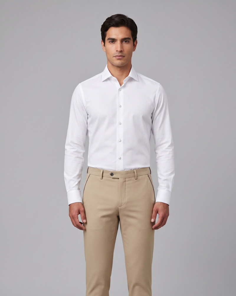 Trabajador de Viding con uniforme de camisa blanca, pantalón beige y zapatillas blancas.